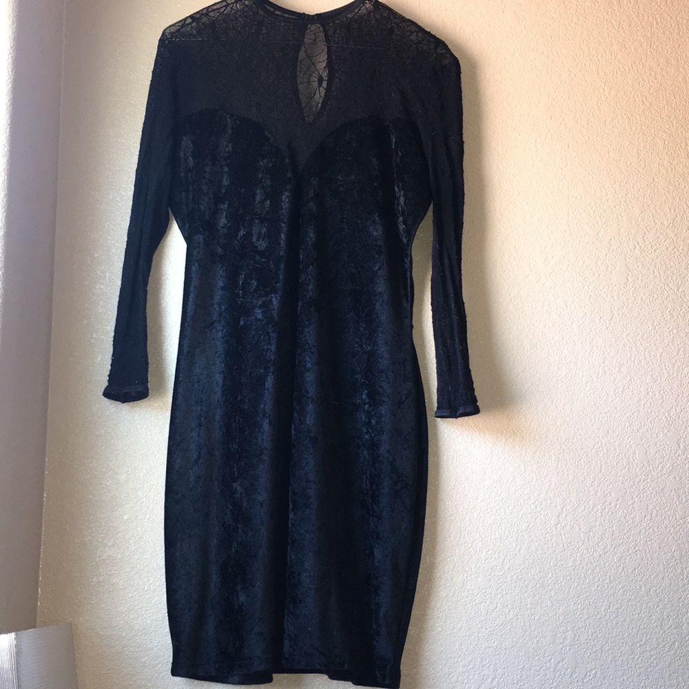 Velvet & Mesh Long Sleeve Black Dress